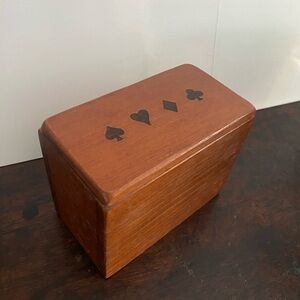 Vintage wooden box for playing cards bridge set with suits on lid holds 2 decks
